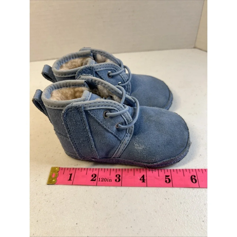UGG Suede Blue Baby Booties Neumel Fleece Lined Easy On Off Toddler Size 4/5